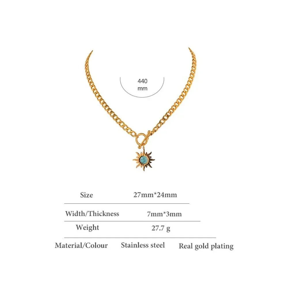 NEW 18K Gold Plated Turquoise Sun Circle Toggle Bar Link Chain Necklace